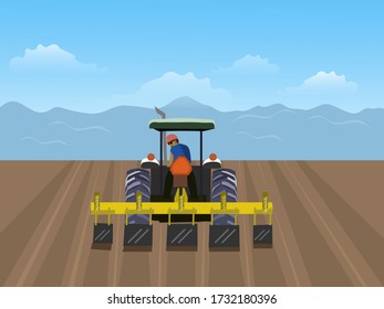 The man is driving  tractor. In order to plow the soil in the field. Have a blue sky background