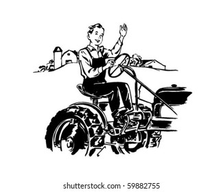 Man Driving Tractor - Retro Clip Art