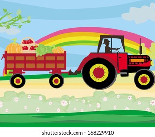 man driving a tractor with a trailer full of vegetables
