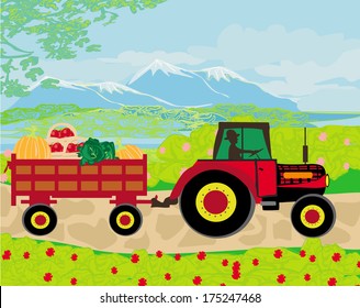 man driving a tractor with a trailer full of vegetables