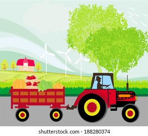 man driving a tractor with a trailer full of vegetables