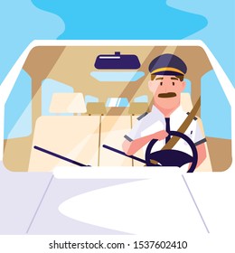 man driving a vehicle, man with vehicle steering wheel in hands vector illustration design