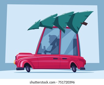 Man is driving a vintage car with christmas tree on the roof. Cartoon vector illustration