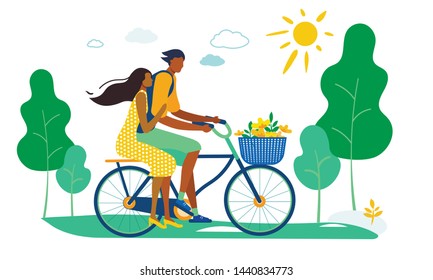 Man Driving Woman on Bicycle with Flowers Basket, Young Loving Couple Summer Romantic Voyage. Vacation Sparetime, Leisure, Love, Relations. Characters Cycling on Bike. Cartoon Flat Vector Illustration
