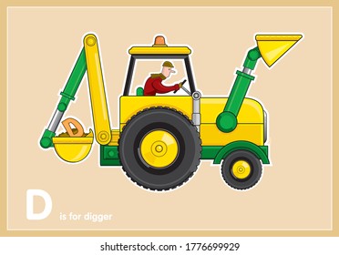 Hombre manejando digger amarillo con dos cubos niños ilustración vectorial