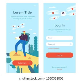 Man with drone flat design illustration of drop landing page. UI, UX design element, register page, login page, sign in page. 