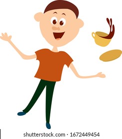 El hombre dejó caer café, ilustración, vector sobre fondo blanco.