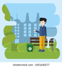 Man dropping trash on recycle can