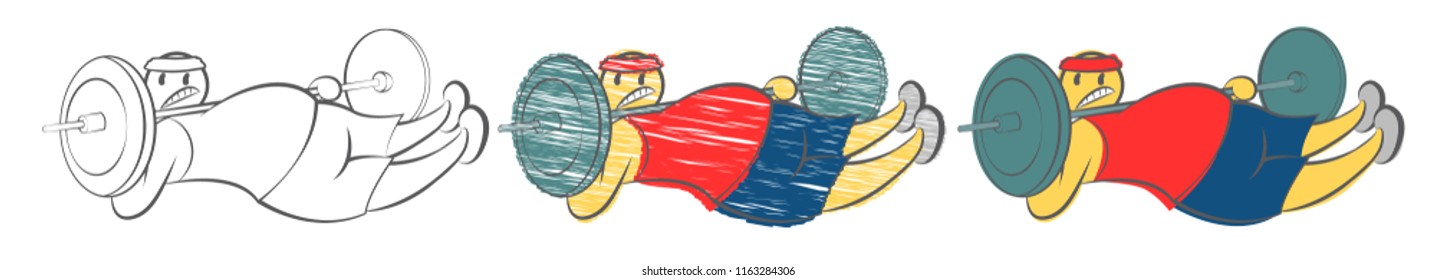 Man drops barbell on neck. Concept of sport failure and defeat. Guy drops weights at gym vine. Unsuccessful athlete. Man can't get up. Hand drawn cartoon doodle vector illustration. Funny person.