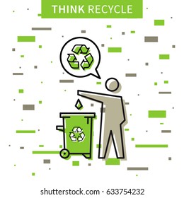 A man drops garbage into a rubbish bin vector illustration. Creative concept with recycle sign and colorful elements.