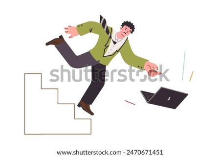 Man drops laptop due to carelessness, risking damaging computer with important information. Business guy falls down stairs and drops gadget because of wet floor and inattention or digital addiction