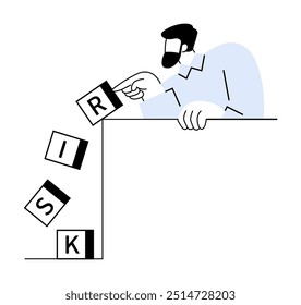 A man drops letter blocks spelling RISK off a ledge. Ideal for business strategies, decision making, risk management, financial planning, and analysis. Modern minimalist style.