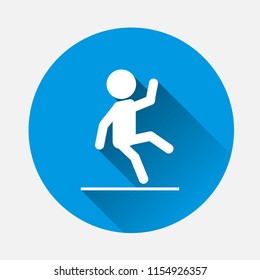 Man drops vector icon. Symbol of wet floor, slippery floor on blue background. Flat image caution wet with long shadow. Layers grouped for easy editing illustration. For your design.