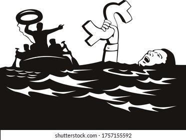 Man Drowning With Debt Dollar Being Rescued Retro Black and White