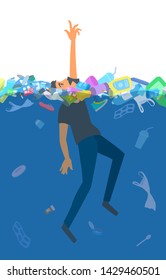 Man drowning in the garbage in an ocean. A boy in panic reaches his hand up, trying to escape, asking for help. Environmental pollution. The problem of garbage. Plastic waste in the water reservoir.