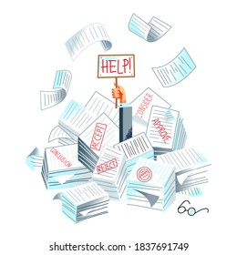 Man drowning in office bureaucracy and paperwork holding help sign. Paper, document and binder overload in business vector illustration. Hand in piles and stacks of messy clutter.