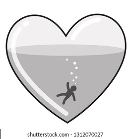 The man is drowning in the pictogram of the heart.  Vector illustration.