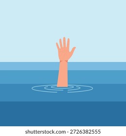 Hombre ahogado con la Ilustración vectorial plana de la mano levantada que pide ayuda urgente