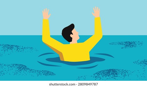 man drowning in the sea and calling for help flat vector illustration