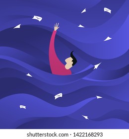 Man Is Drowning In A Sea Of Information Streams. Mail Spam, Communication Overdose Flat Illustration. Digital Information Overload Concept.