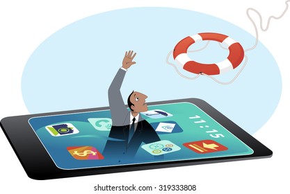 Man drowning in a smartphone screen, reaching for a lifebuoy, EPS 8 vector illustration, no transparencies, no mesh