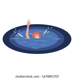 Man drowning in water on a white background. The drowning man needs help. He is in trouble help him. Give a helping hand. Can not swim. Vector illustration in flat cartoon style.