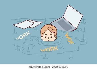 Man is drowning in work with documents and laptop, needing time management to solve problem of overwork and overload. Concept of importance of delegating authority to employees to relieve overload