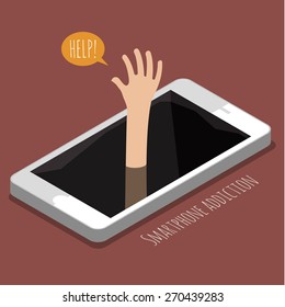 Man drowns, only hand over the water. Concept of smartphone addiction. Flat design