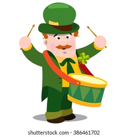 A man with drum. The festive character in cartoon style. Congratulations to the St. Patrick's Day.