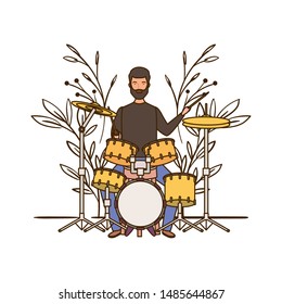 man with drum kit and branches and leaves in the background