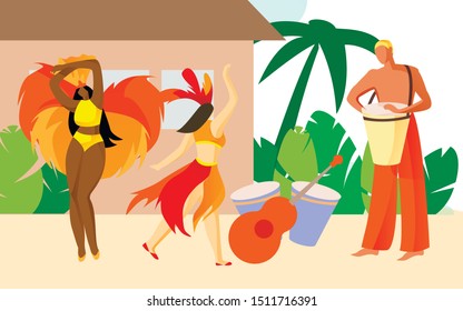 Man with Drum and Women In Bright Carnival Costumes Dancing on Beach. People Celebrate Days Brazilian Carnival. Traditional Brazilian Costume. Vector Illustration. Advertising Image with Text.