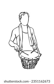 Man drumming the drum, Drawing of faceless person playing percussion musical instrument, upper body isolated, Vector simple linear sketch, Hand drawn illustration