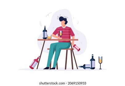 A man drunk in the bar with lot of drinks around him vector illustration background.