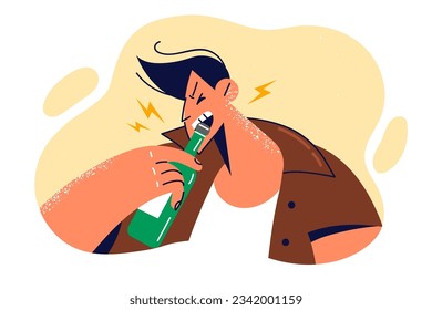 Man drunkard opens bottle of beer with teeth and leads asocial lifestyle by abusing alcoholic beverages. Brutal young guy drunkard needs rehabilitation to get rid of alcohol addiction.