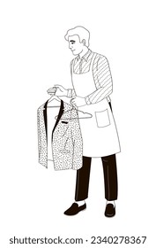 man in dry cleaning uniform with jacket black and white linear illustration