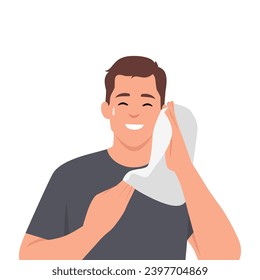 Man drying off with towel after sweating at gym while doing exercises or playing sport. Flat vector illustration isolated on white background