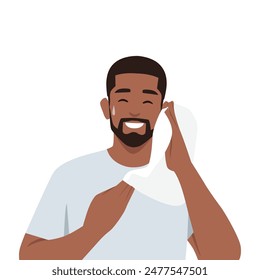 Man drying off with towel after sweating at gym. Flat vector illustration isolated on white background