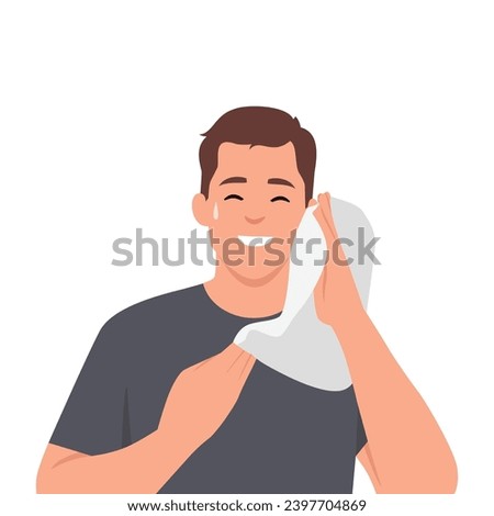 Man drying off with towel after sweating at gym while doing exercises or playing sport. Flat vector illustration isolated on white background