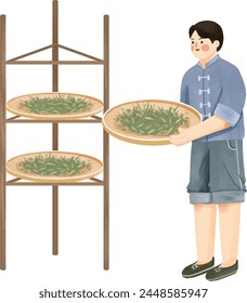 A man is drying tea leaves