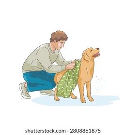 Man drying a wet dog with a towel after washing. Everyday home care routine. Vector illustration isolated on white background.