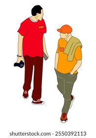 Man with the dslr camera and his friend standing together discussing a project. Street scene. Standing people. Flat style illustration.