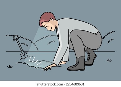 Man dug hole in garden to find buried treasure at night. Lucky guy with shovel discovered trove. Archaeologist makes excavations of ancient cities, fossil animals. Vector linear colored illustration.