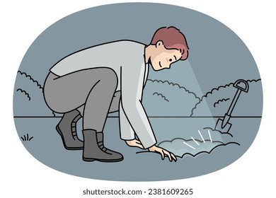 Man dug hole in garden to find buried treasure at night. Lucky guy with shovel discovered trove. Archaeologist makes excavations of ancient cities, fossil animals. Vector linear colored illustration.