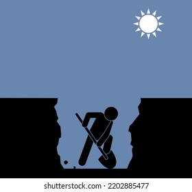 man dug a hole, illustration guy with shovel, stick figure human silhouette