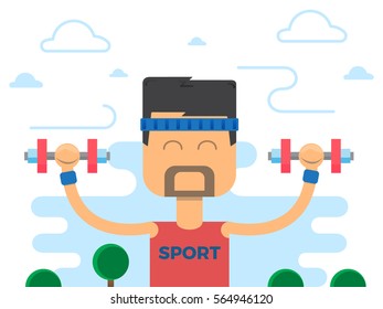 Man with dumbbells. Concept flat cartoon vector icon.