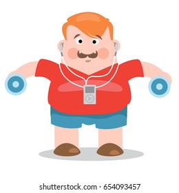 Man with dumbbells doing exercise and listening music. Color cartoon vector illustration