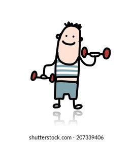 Man with dumbbells doing exercises, cartoon character