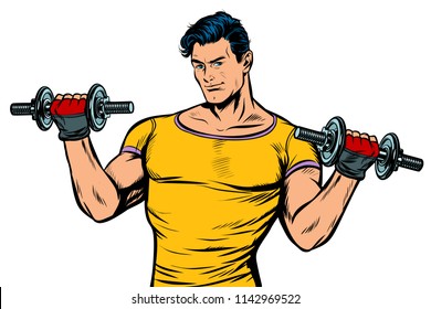 man with dumbbells isolate on white background. Pop art retro vector illustration kitsch vintage drawing