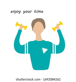 Man with dumbbells vector illustration. Enjoy your time. Sport icon.Sportsman flat illustration. Finess or gym element. Healthy way of life. 