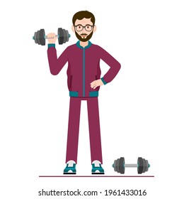 A man with dumbbells. Vector image of a person lifting dumbbells. Bodybuilding. Athlete for animation. All the details are on separate layers with names. Editable strokes.